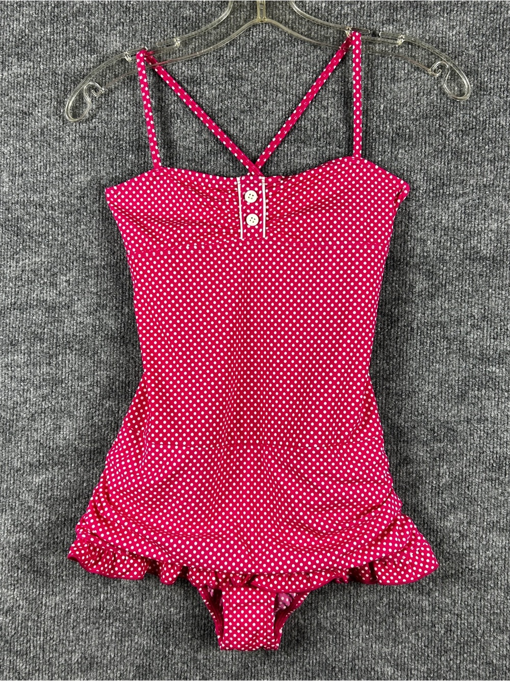 NWT Lands End Girls Hot Pink Polka Dot Ruffle One Piece Swimsuit Bathing Suit 14